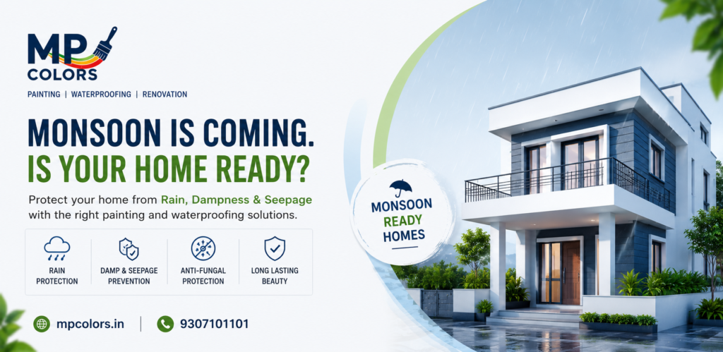 Monsoon home painting and waterproofing services in Pune by MP Colors to protect homes from rain, dampness, seepage, and wall damage.